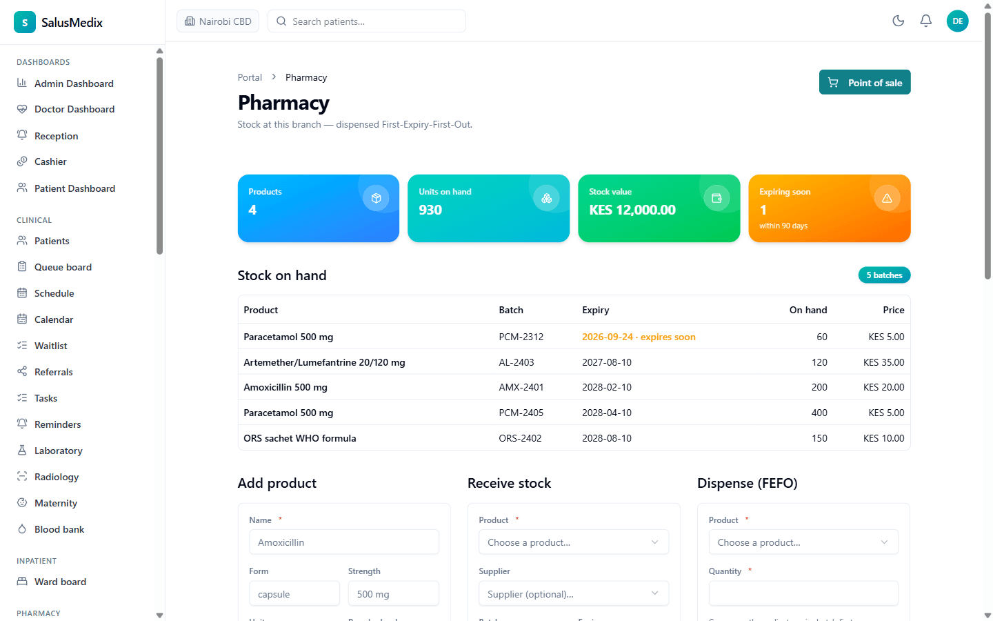 SalusMedix pharmacy screen with batch and expiry stock and FEFO dispensing